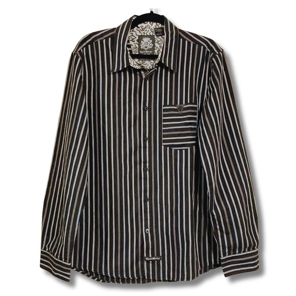 ENGLISH LAUNDRY Grey and black striped button-down shirt MEDIUM LARGE men's top - Picture 1 of 11